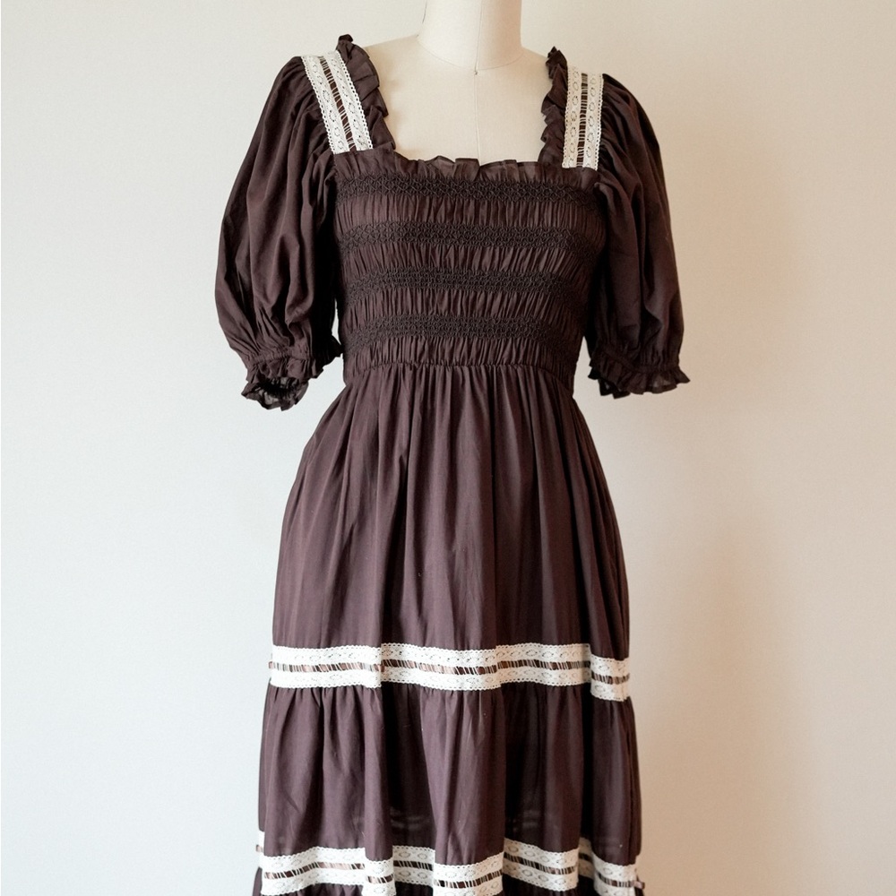 Neuflora Chocolate Brown Smocked Dress • Cottagecore Prairie • Medium